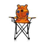 Silla camping plegable para niños con diseño de tigre naranja y patas de acero negro, ideal para exteriores.