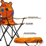 Silla camping plegable infantil naranja con estampado de tigre, estructura de acero, portavasos lateral y bolsa de transporte incluida.