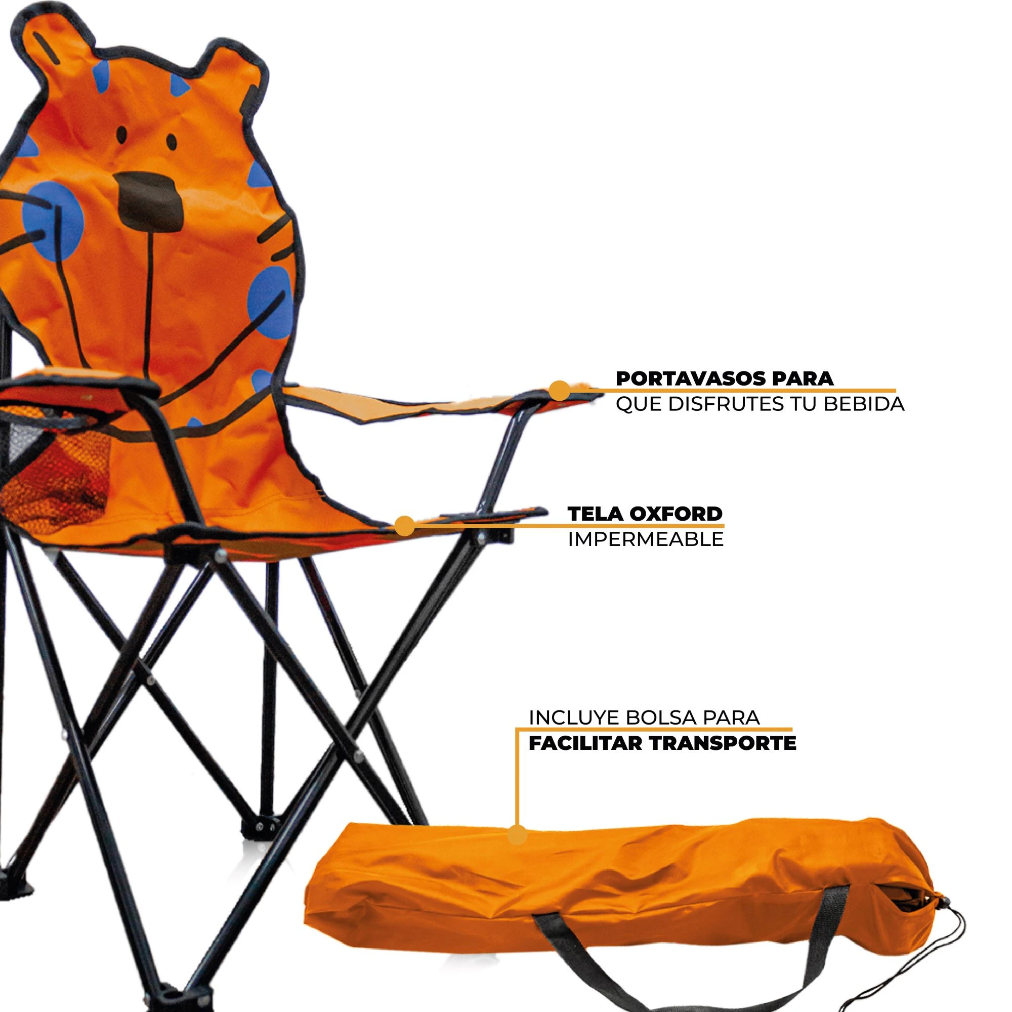 Silla camping plegable infantil naranja con estampado de tigre, estructura de acero, portavasos lateral y bolsa de transporte incluida.