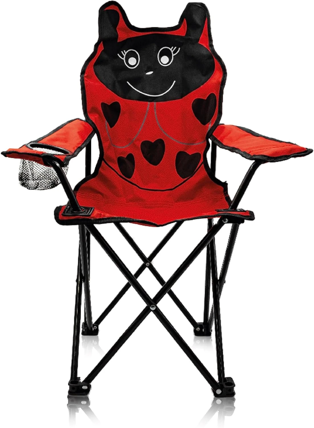 Silla camping plegable para niños, diseño de mariquita roja con corazones negros, estructura de acero, asientos acolchados y reposabrazos con bolsillo lateral.