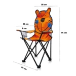 Silla camping plegable infantil con diseño de oso naranja, estructura de acero negro y medidas visibles: 74 cm de alto, 54 cm de ancho y 35 cm de profundidad.