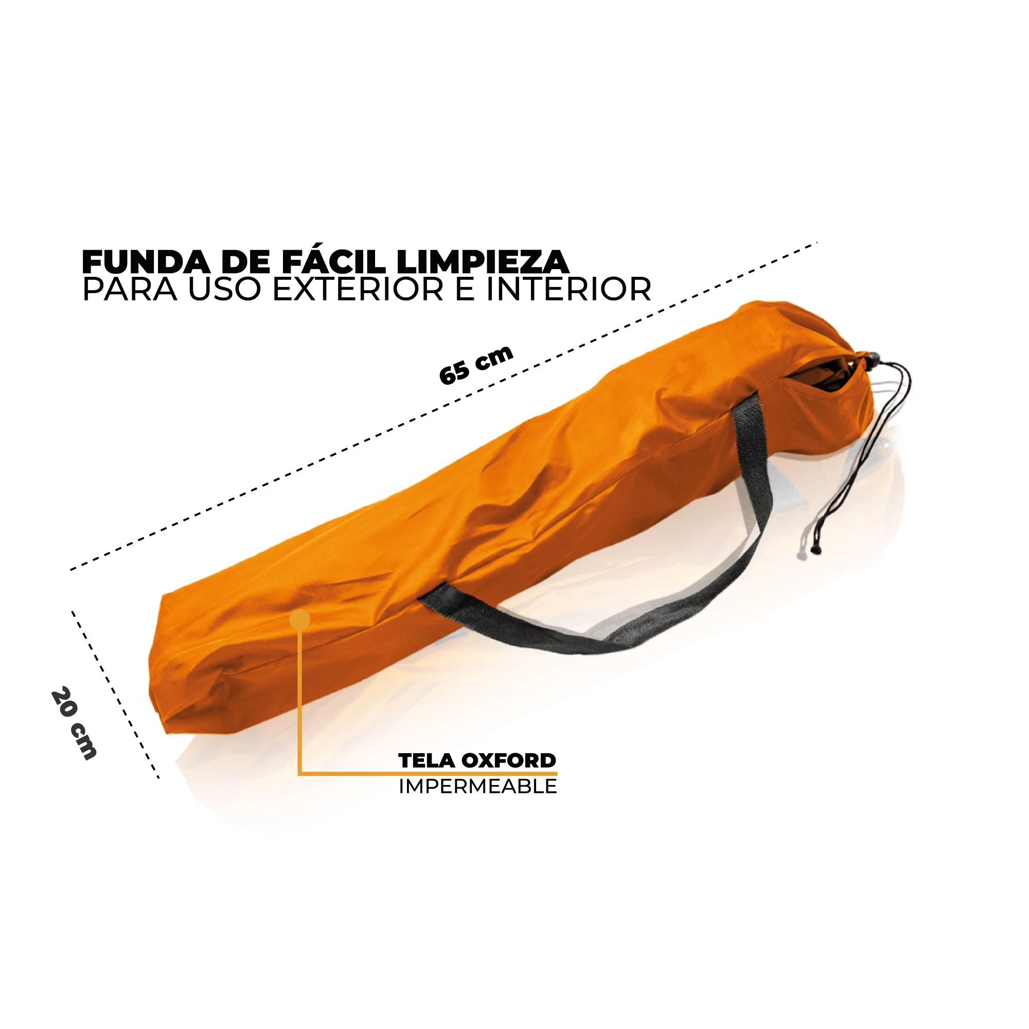Funda naranja de 65 cm por 20 cm en tela Oxford impermeable, con asa negra y cordón de cierre, ideal para silla camping infantil.