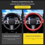 Comparación del volante antes y después de instalar el forro de silicona rojo antideslizante, mostrando mejora en agarre y protección contra calor.