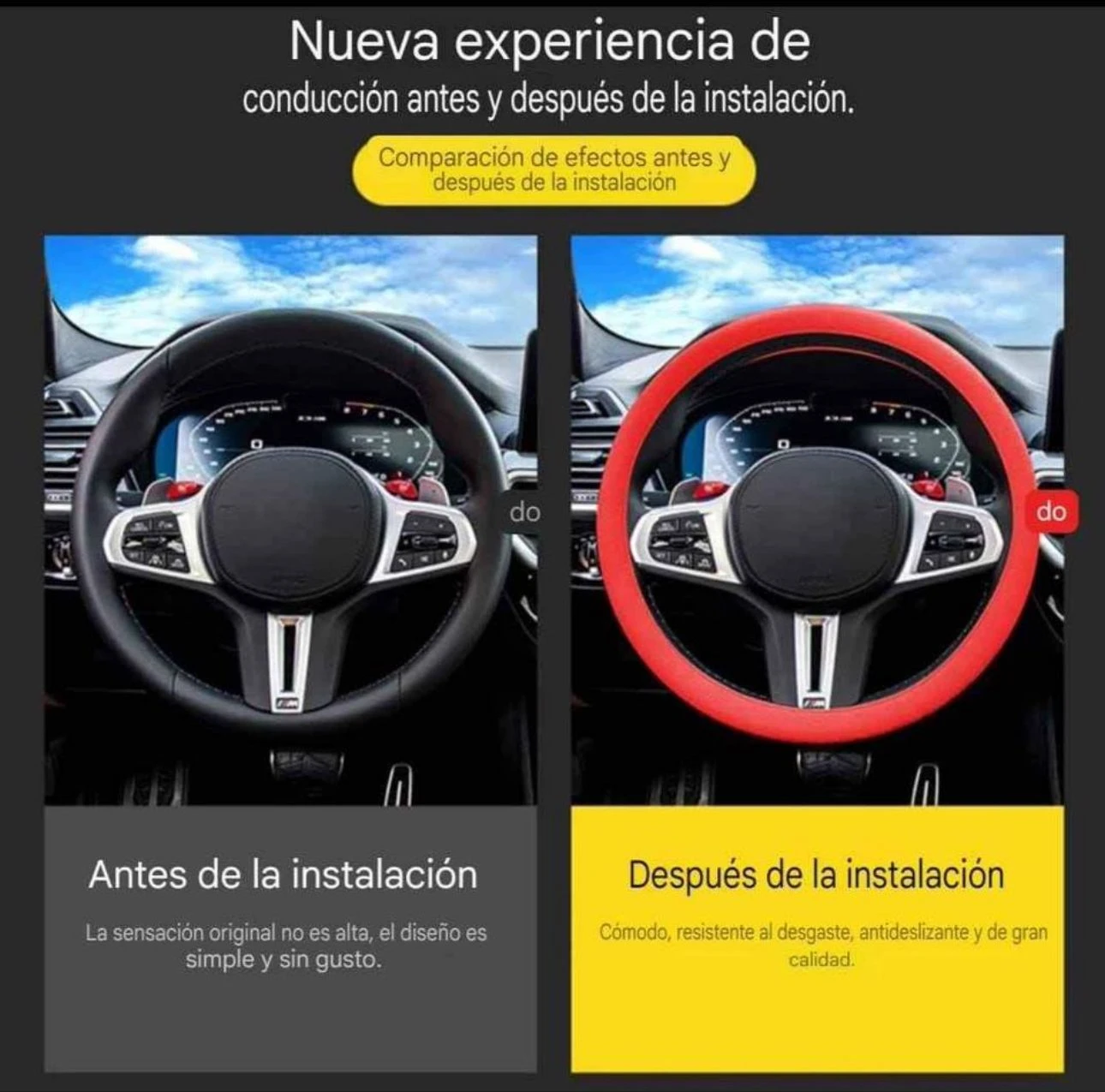 Comparación del volante antes y después de instalar el forro de silicona rojo antideslizante, mostrando mejora en agarre y protección contra calor.