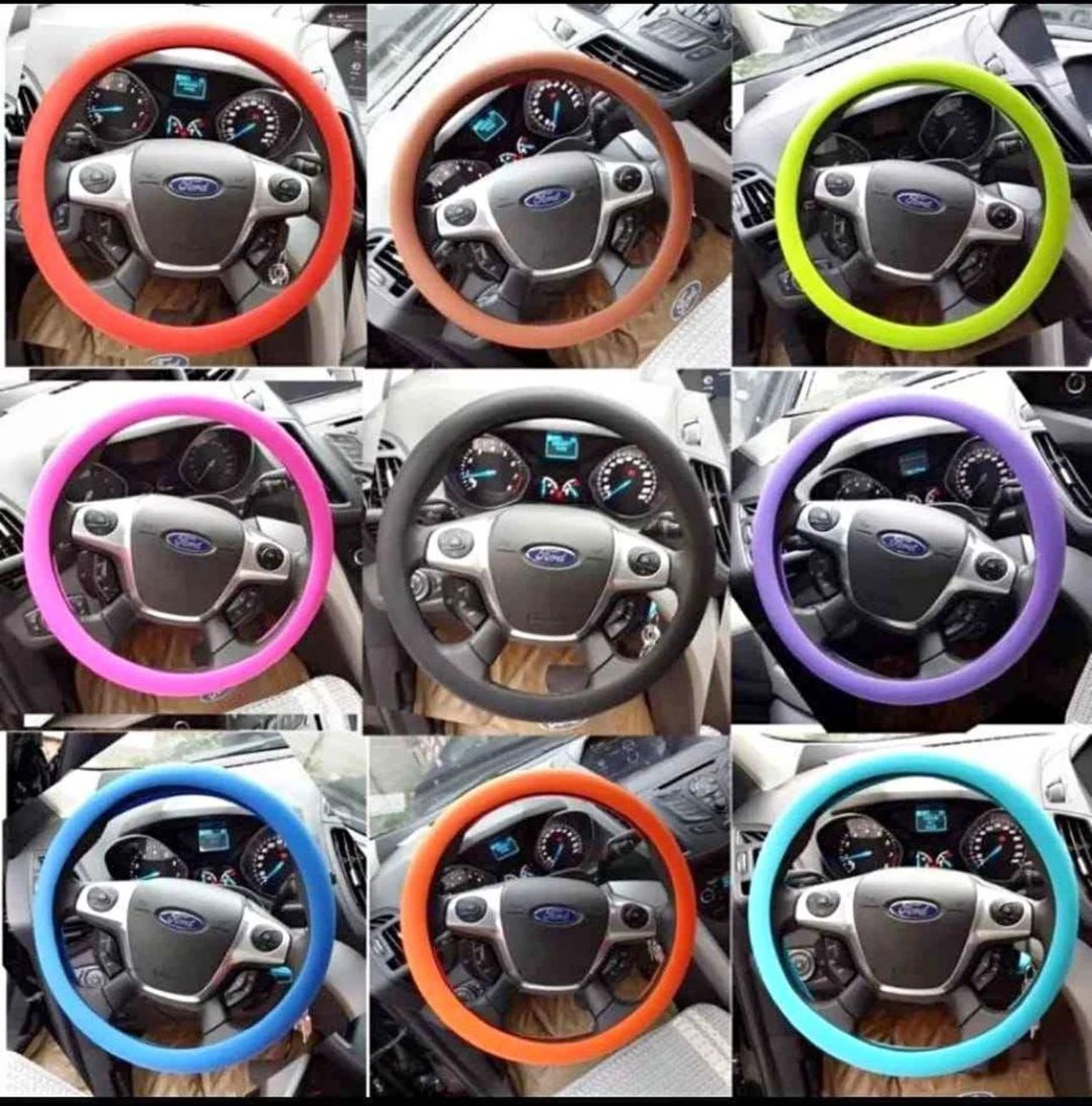 Set de dos forros de volante de silicona antideslizante en colores rojo, naranja, verde lima, rosa, negro, morado, azul y turquesa, mostrando variantes de color sobre volante de Ford.