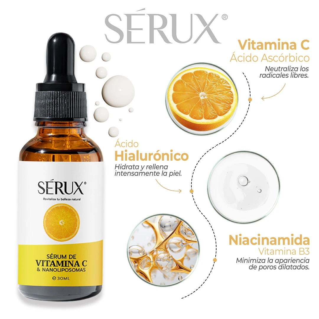 Botella de vidrio ámbar con gotero, etiqueta blanca y amarilla que muestra una naranja. Incluye ilustraciones de naranja, ácido hialurónico y niacinamida. Presentación de 30 ml.
