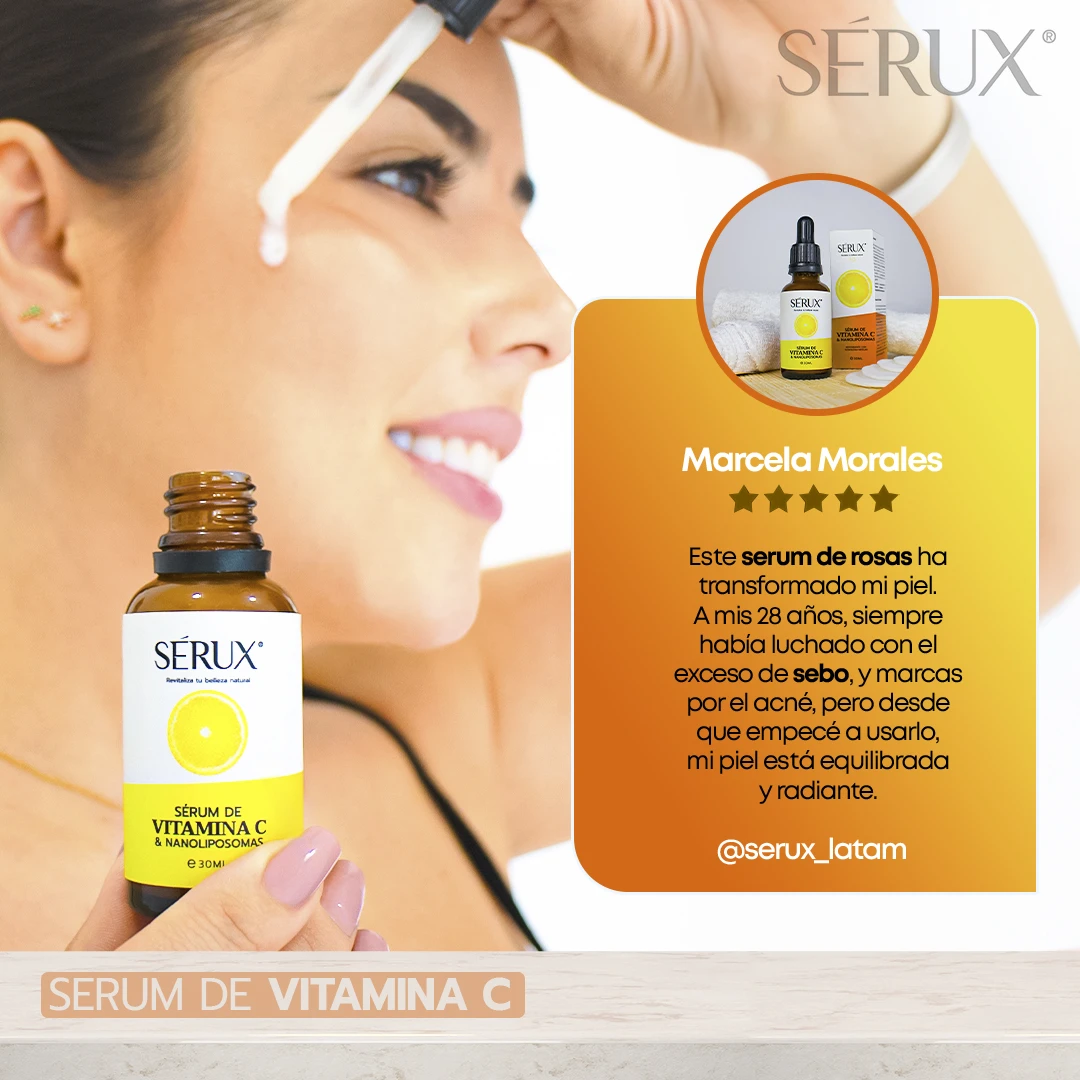 Mujer aplicando serum Sérux de vitamina C en rostro, con frasco de vidrio ámbar y etiqueta amarilla visible. Incluye testimonio de Marcela Morales y muestra del producto en círculo.