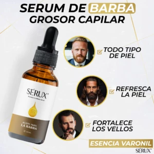 Botella de vidrio ámbar con gotero negro, etiqueta blanca y dorada que muestra el logo SERUX y texto "Aceite para la Barba". Incluye de gota dorada. Fondo claro con tres círculos amarillos que muestran hombres con barbas y textos descriptivos sobre beneficios del producto.