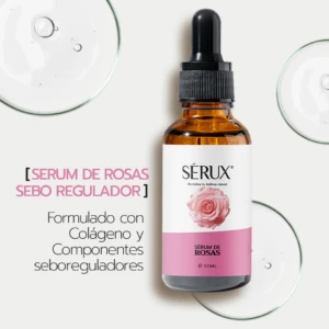 Bote de vidrio ámbar con gotero negro, etiqueta blanca y rosa que muestra una rosa y el texto "SÉRUX". Alrededor, gotas de suero en vidrio transparente.