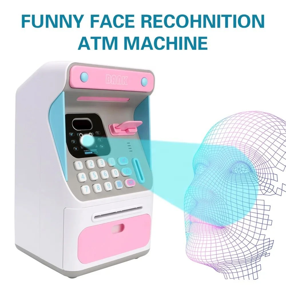 Alcancía infantil en forma de cajero automático, color blanco con detalles rosa y azul, incluye pantalla, teclado y ranura para monedas, con de reconocimiento facial.