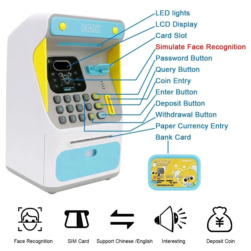 Alcancía tipo cajero automático blanco con detalles en azul y amarillo, pantalla LCD, luces LED, lector de tarjetas y botones interactivos para enseñar ahorro infantil.