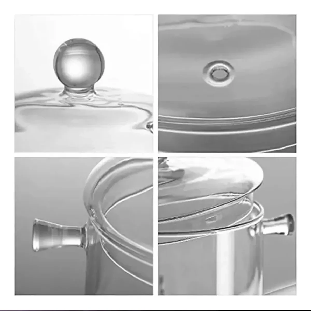 Olla de vidrio borosilicato con tapa esférica y asas laterales, vista en cuatro ángulos que muestran su transparencia, cierre hermético y diseño ergonómico para cocina.