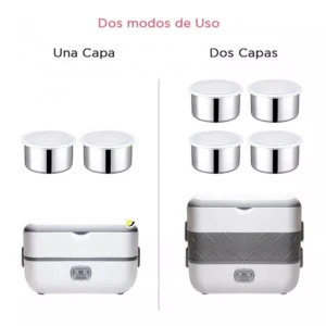 Lonchera eléctrica con dos configuraciones: una capa con dos recipientes o dos capas con cuatro recipientes metálicos, base blanca y gris con panel de control frontal.