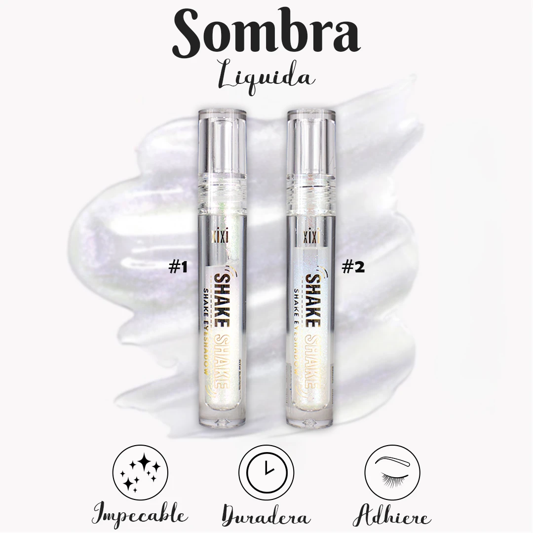 Set de dos sombras líquidas iluminadoras, presentadas en tubos transparentes con etiquetas blancas y texto negro. Variante #1 y #2, con acabado metálico brillante y textura perlada visible en el fondo. Incluye iconos que destacan: impecable, duradera y adherente.