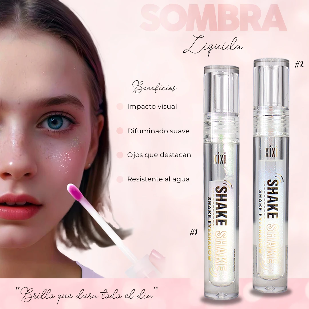 Sombra líquida iluminadora en presentación transparente con aplicador, mostrando dos unidades del producto #1 y #2, con acabado metálico brillante y efecto difuminado suave.