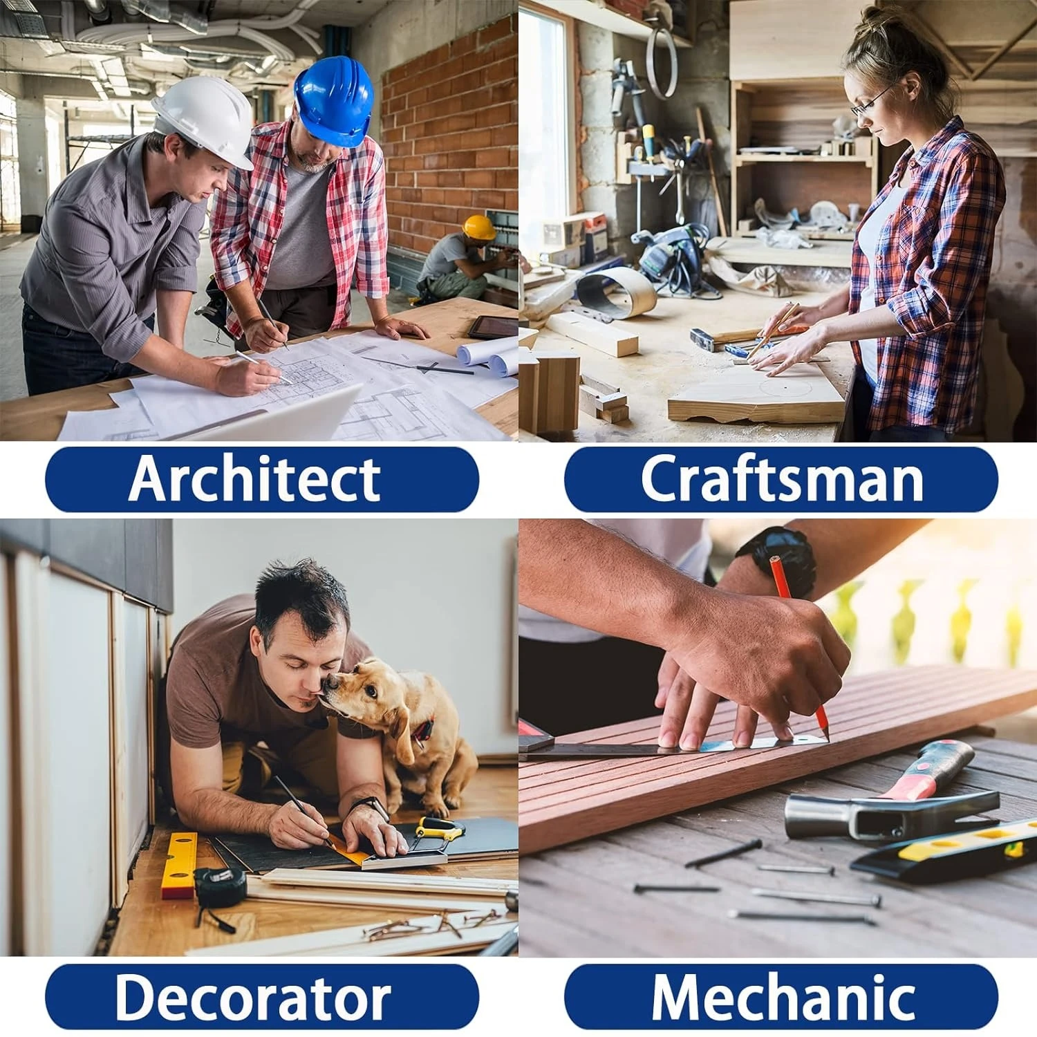 Cuatro profesionales en entornos de trabajo: arquitecto con planos, artesano tallando madera, decorador con perro y mecánico trabajando con herramientas.