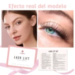 Kit Lash Lift de IconSion con instrucciones y resultados en modelo, mostrando pestañas rizadas y naturales.