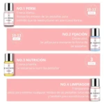 Kit lifting de pestañas profesional en casa con cuatro cremas numeradas: blanca, azul, amarilla y transparente, cada una con su frasco y tiempo de aplicación indicado.