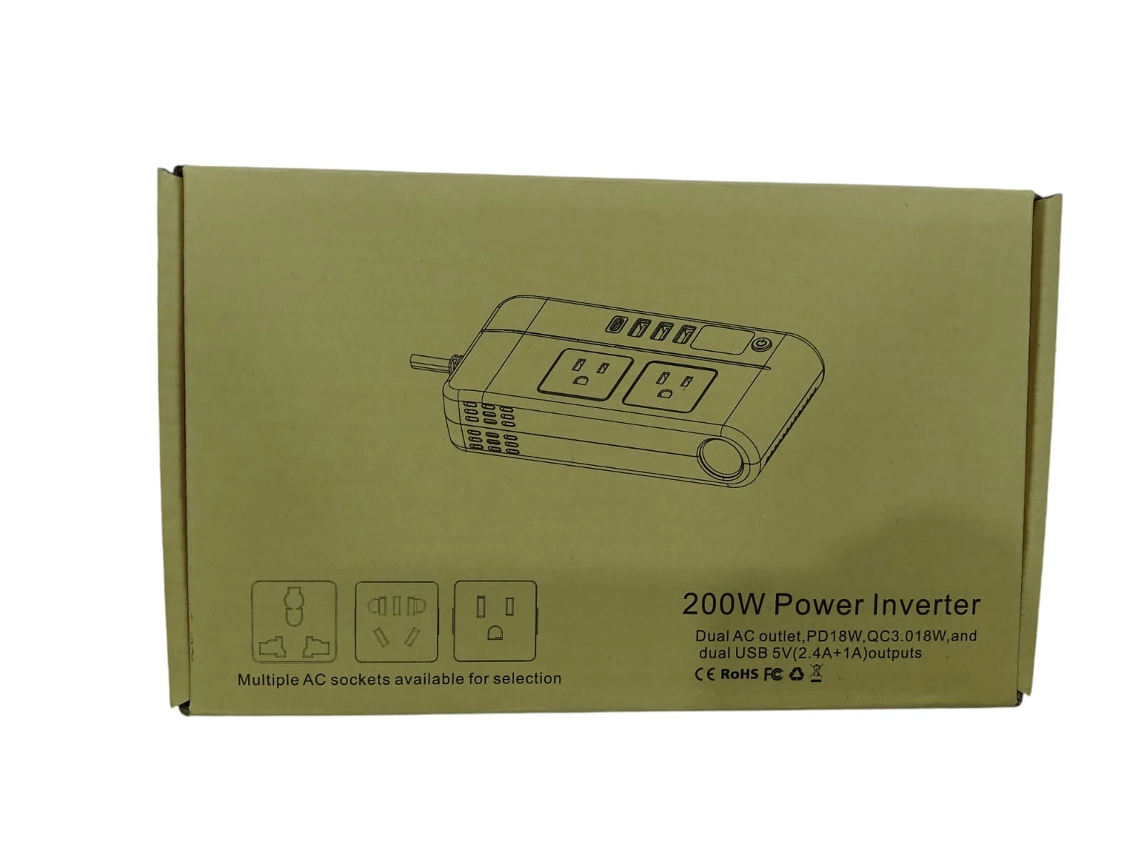 Caja de cartón marrón con de inversor de corriente de 200W, mostrando múltiples tomas de corriente y puertos USB en su diseño frontal.