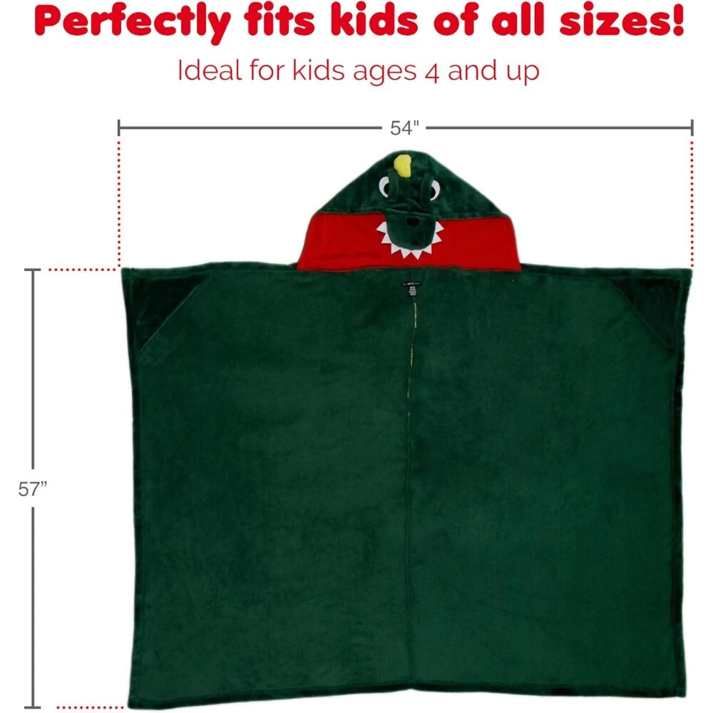 Cobija infantil verde con capucha de dinosaurio, medidas 54 por 57 pulgadas, ideal para niños de 4 años en adelante.