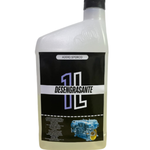 Botella de 1 litro de desengrasante Addio para motores y llantas, con etiqueta negra y diseño de motor azul.