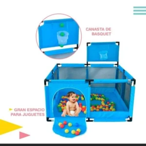 Corral de juego azul con malla, incluye 50 pelotas de colores y canasta de baloncesto para bebé. Espacio seguro y divertido.