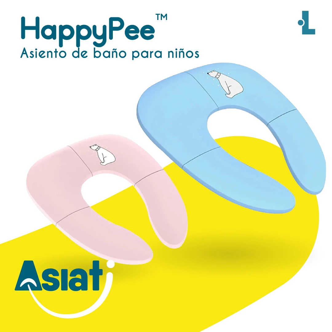 Asiento de baño plegable HappyPee en colores rosa y azul, con diseño ergonómico para niños, ideal para uso en baños públicos.