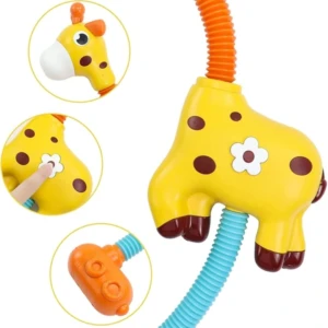 Jirafa amarilla con cuello flexible y ventosas, diseñada para ahorrar agua en la ducha infantil.