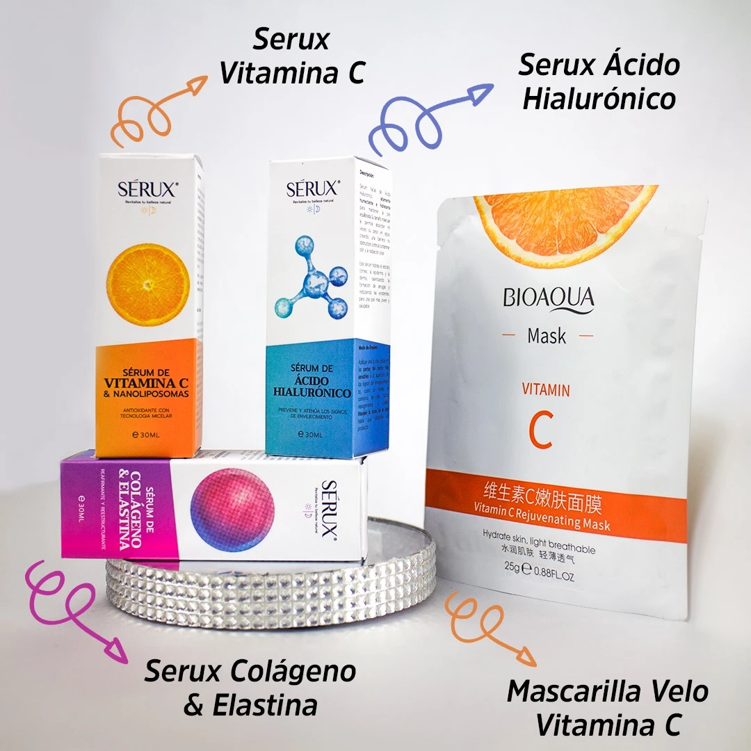 Kit antiedad Serux con vitamina C, ácido hialurónico, colágeno y elastina, más mascarilla Bioaqua de vitamina C.