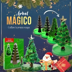 Árbol navideño mágico de cultivo en maceta verde con estrella plateada, mostrando etapas de crecimiento desde esqueleto hasta árbol completo decorado.