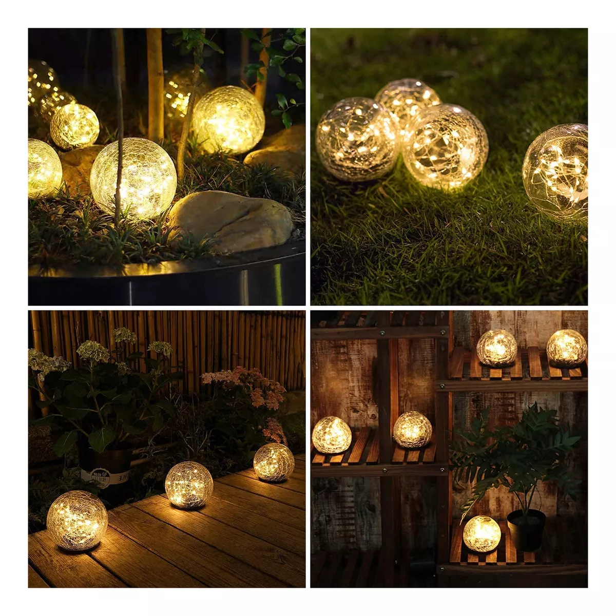 Cuatro esferas de cristal con luz LED solar, dispuestas en jardín, madera y estantería, emitiendo brillo cálido en exteriores.
