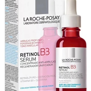 Serum antiarrugas Retinol B3 de La Roche-Posay en frasco de vidrio rojo con cuentagotas, acompañado de su caja blanca con detalles en rosa y azul.