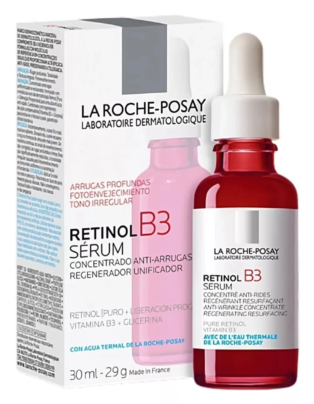 Serum antiarrugas Retinol B3 de La Roche-Posay en frasco de vidrio rojo con cuentagotas, acompañado de su caja blanca con detalles en rosa y azul.