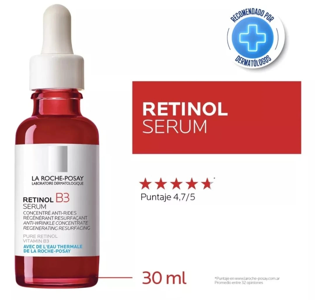 Bote de vidrio rojo con gotero, etiqueta blanca que muestra "Retinol B3 Serum" de La Roche-Posay. Incluye sello de dermatólogos y texto "30 ml".