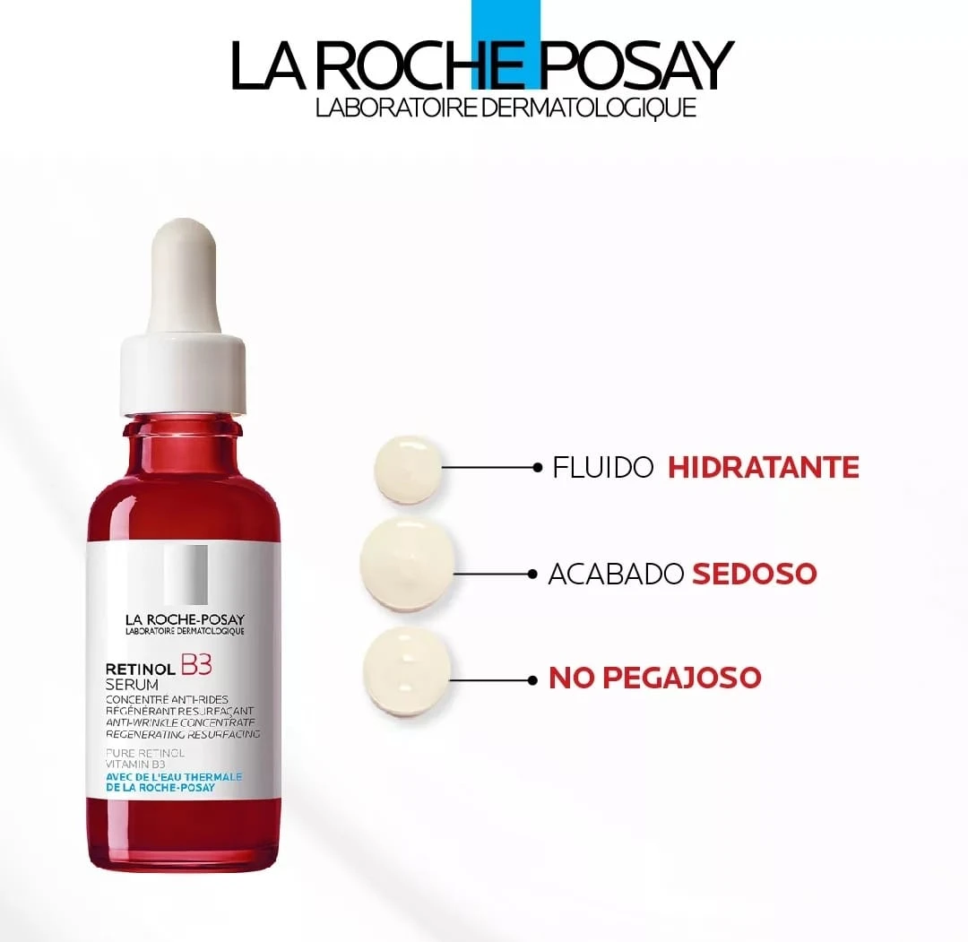 Serum antiarrugas Retinol B3 de La Roche-Posay en frasco rojo con gotero, acompañado de tres muestras de textura: fluido hidratante, acabado sedoso y no pegajoso.