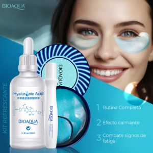 Kit Refrescante Bioaqua con ácido hialurónico y roll-on, presentación en frasco blanco con gotero y aplicador, acompañado de parches oculares azules sobre fondo azul claro con modelo sonriendo usando el producto.
