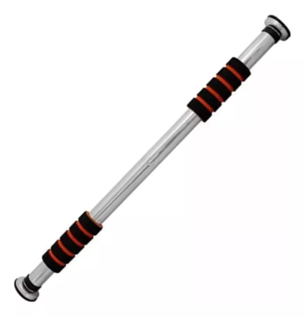 Barra de ejercicio para marcos de puerta con agarres ergonómicos negros y naranjas, diseño metálico plateado, ideal para entrenar pecho, espalda y abdomen en espacios reducidos.