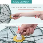 Trampa para peces con anillo flotante amarillo y botón blanco para apertura automática, mostrando uso manual y cierre automático.