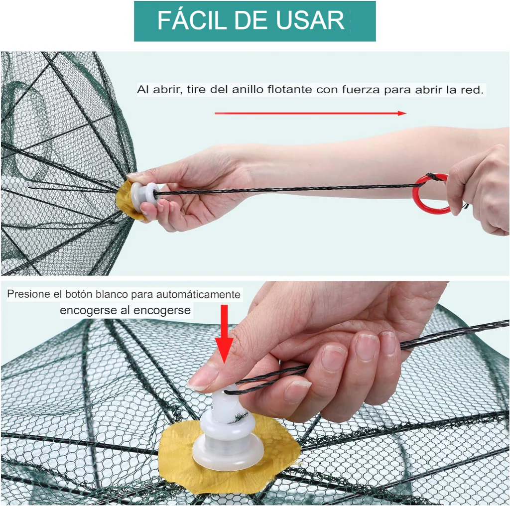 Trampa para peces con anillo flotante amarillo y botón blanco para apertura automática, mostrando uso manual y cierre automático.