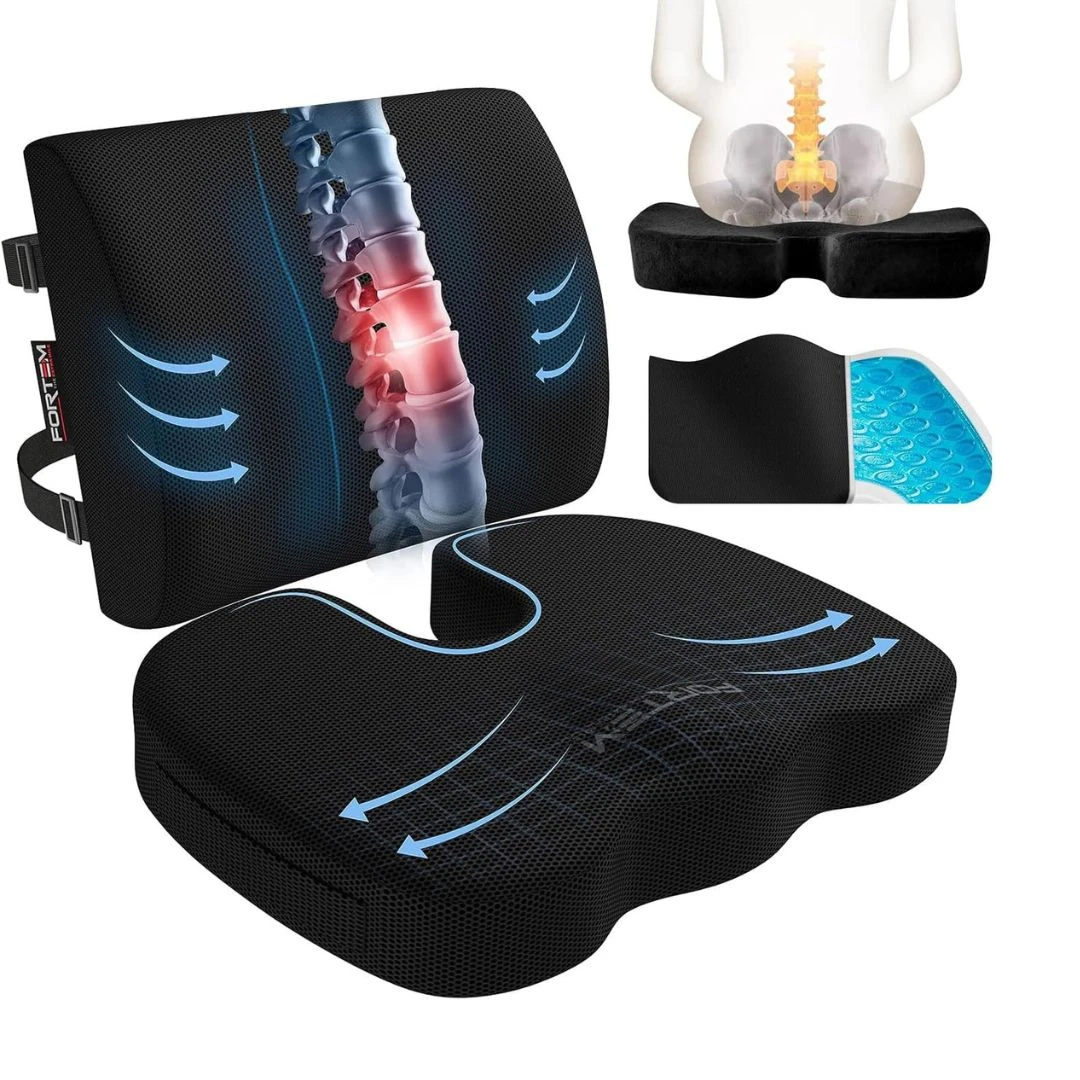 Cojín ortopédico negro con soporte lumbar ajustable, diseño ergonómico para alivio del dolor de espalda y coxis.