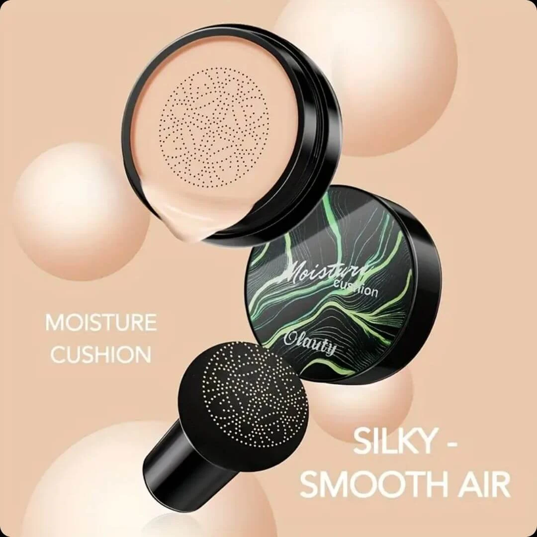 Set de dos bases de maquillaje tipo cushion con acabado natural, tonos beige y verde mar, presentadas con esponja aplicadora y diseño compacto.