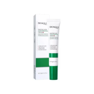 Tubo y caja de crema acné salicílica Bioaqua de 20g, con diseño blanco y verde, para control de brillo y suavizado de piel.