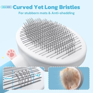 Cepillo para mascotas con cerdas curvas de 142° y 10 mm, diseñado para retirar nudos y pelo enroscado.