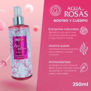 Botella de 250 ml de Agua de Rosas Muqi para rostro y cuerpo, con etiqueta rosa y diseño floral, presentada sobre fondo rosa con burbujas flotantes.