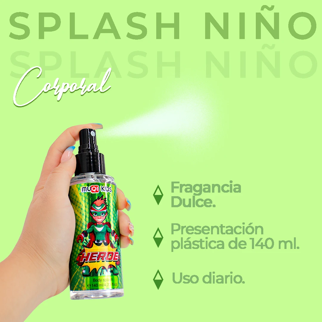 Botella de spray corporal Splash Niño de 140 ml en presentación plástica, con etiqueta verde y diseño de superhéroe, mostrando fragancia dulce y uso diario.