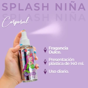 Botella corporal Splash Niña de 140 ml en presentación plástica con diseño de sirena, fragancia dulce y uso diario.