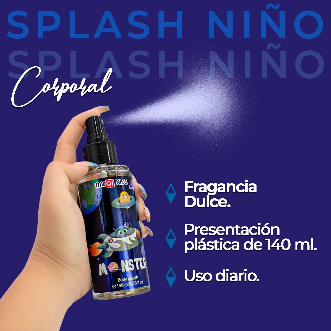 Botella de spray corporal Splash Niño de 140 ml, con etiqueta azul y diseño de monstruo, en mano sosteniendo el producto.