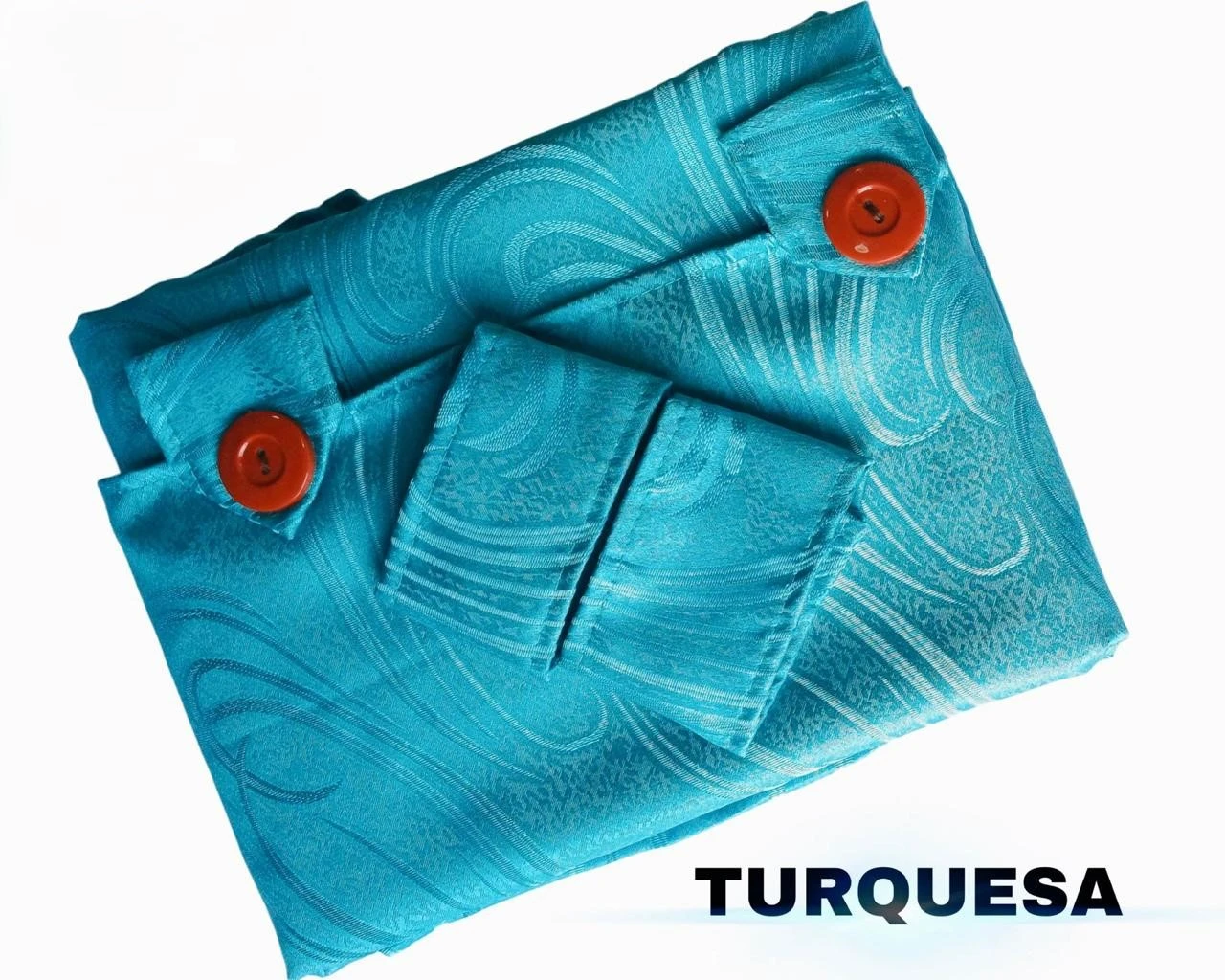 Cortina persiana en tela Jacquard color turquesa, con diseño ondulado y botones naranjas visibles en la parte superior.