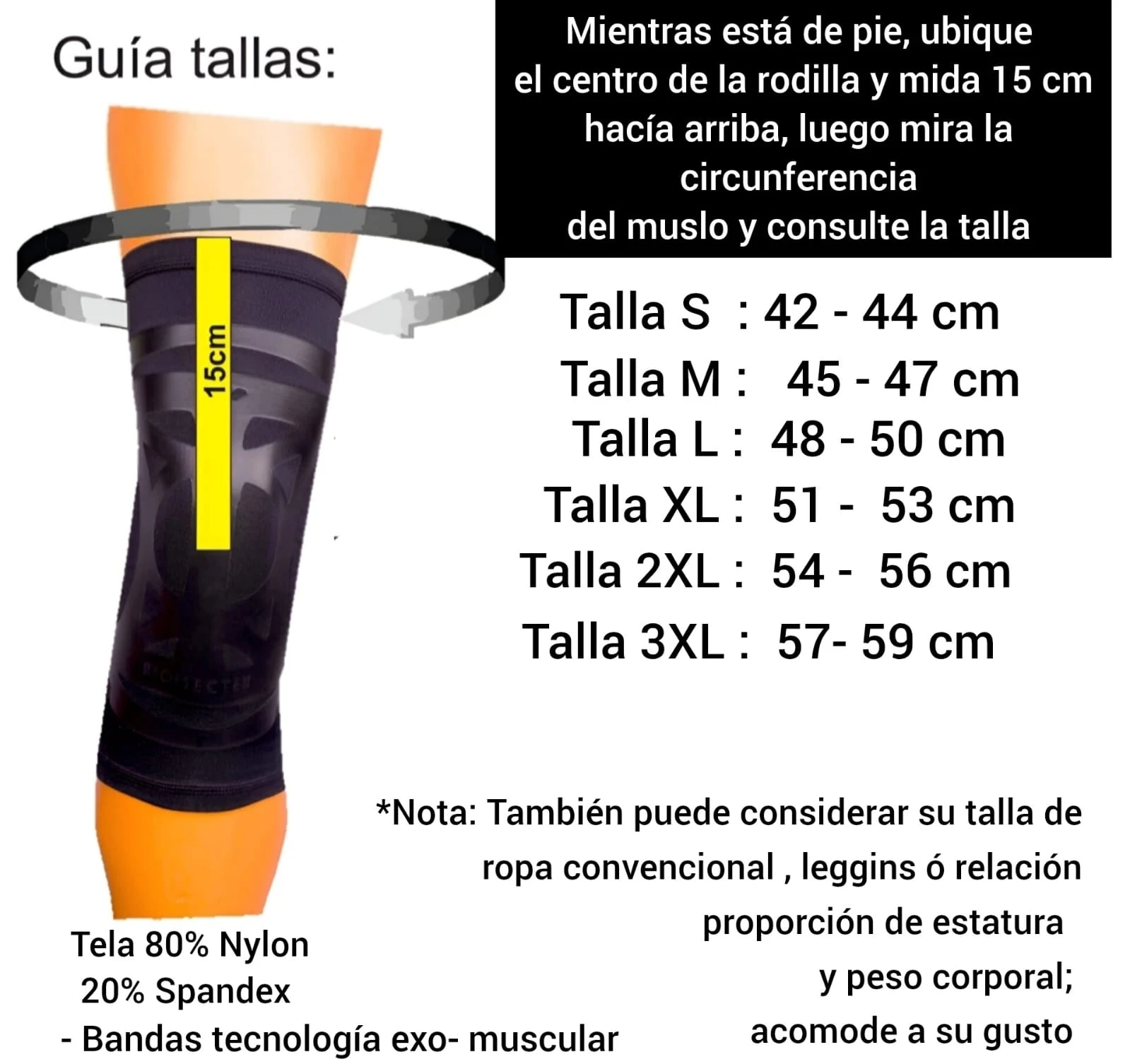 Rodillera Biomectex en color negro con banda elástica visible, mostrando guía de tallas con medidas del muslo en centímetros y composición de tela 80% nylon, 20% spandex.