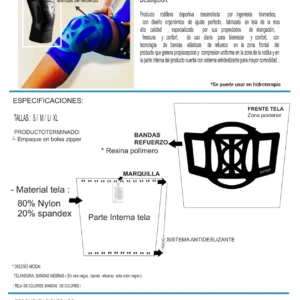 Rodillera deportiva Biomectex en azul con bandas de refuerzo negras, vista lateral mostrando ajuste en rodilla y detalles de sistema antideslizante.